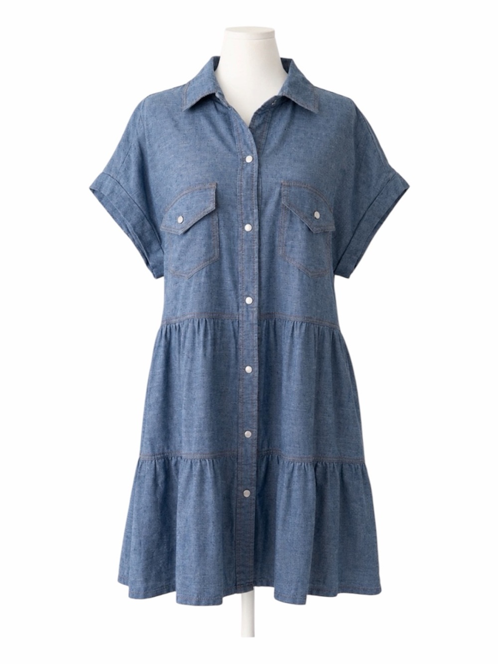 Easel NWT Blue Chambray Tiered Pearl Snap Front Babydoll Shirt Dress Small
